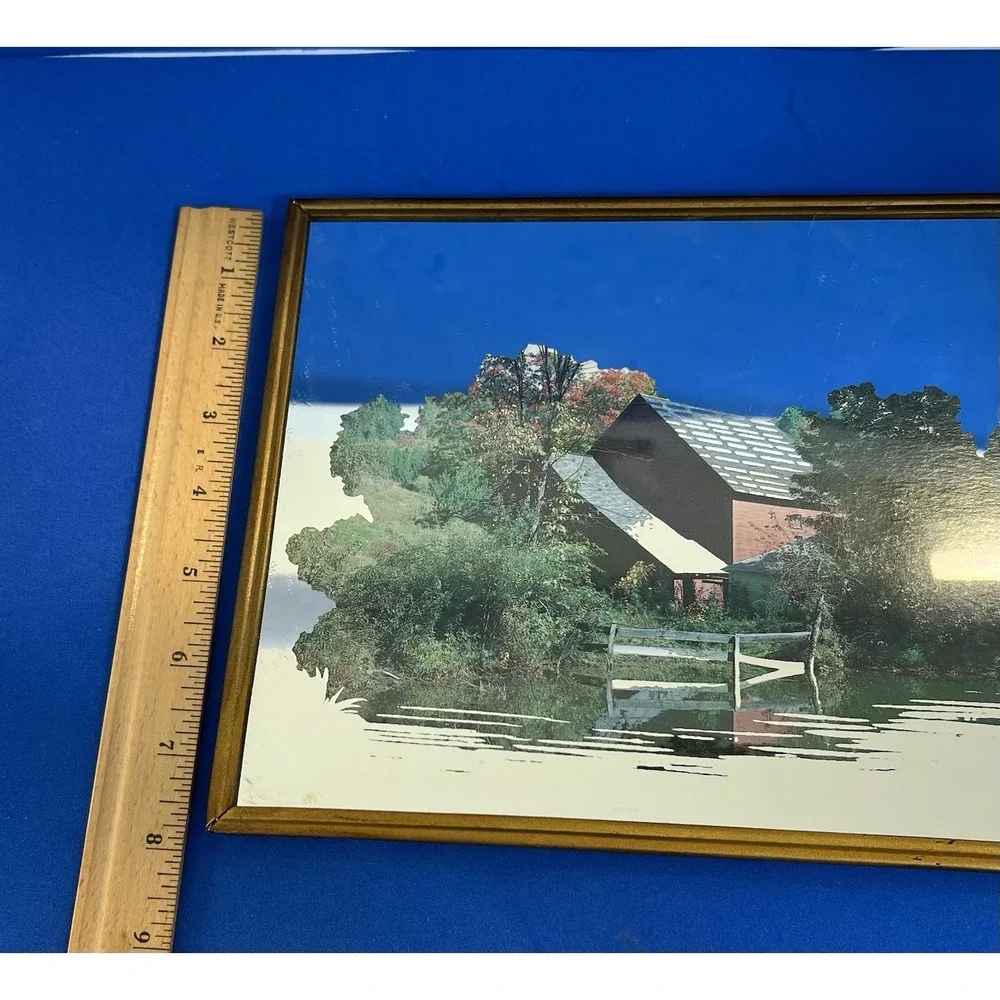 Vintage Framed Copper Plated  Mirror Red Faded  Barn with Fence
